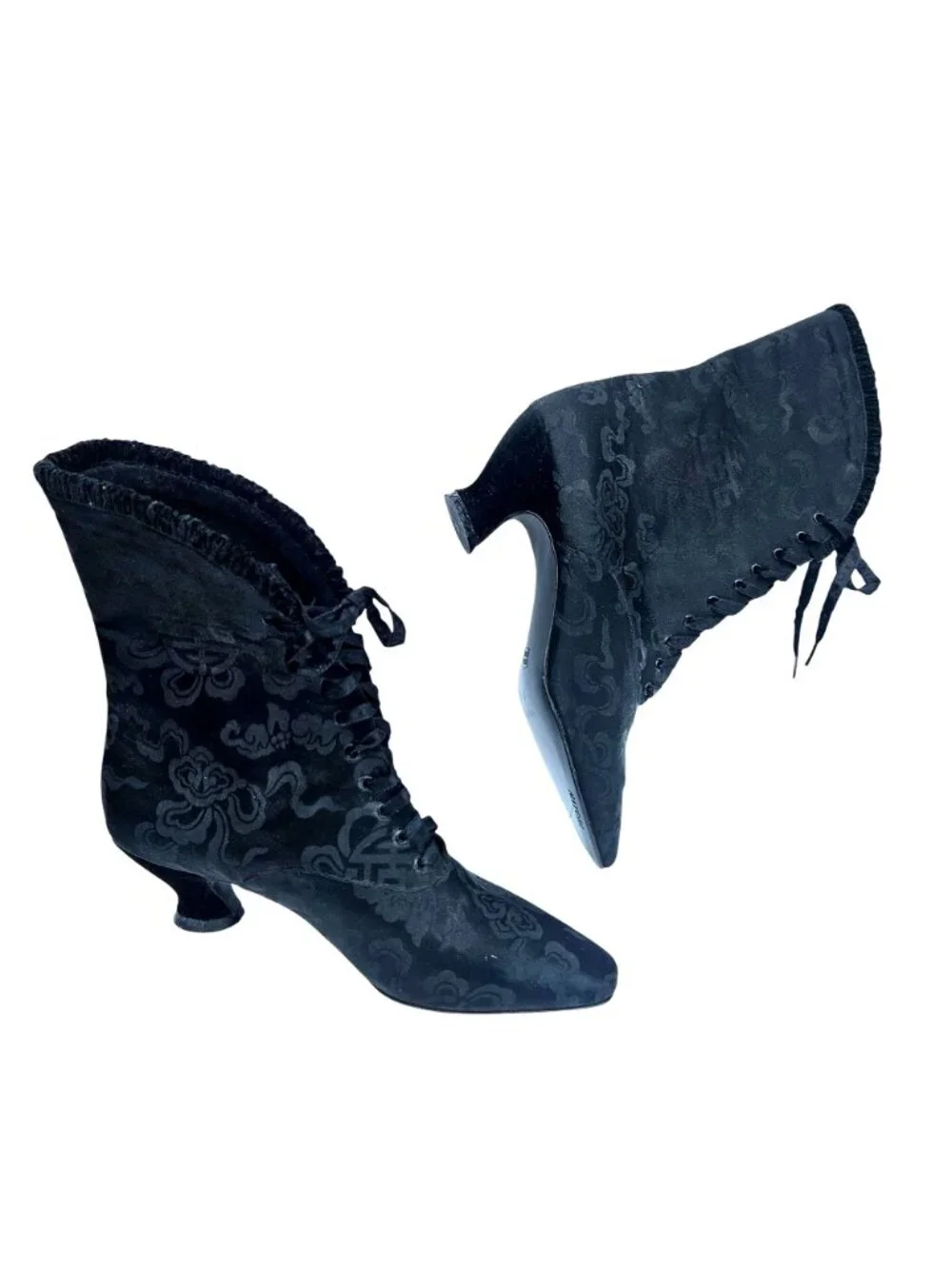 Vintage 90s Natori Victorian Edwardian Black Brocade Lace Up Booties Sz 10B